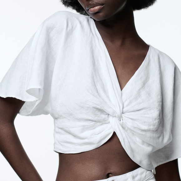 ZARA White Cropped Tie Front Blouse - Picture 1 of 9